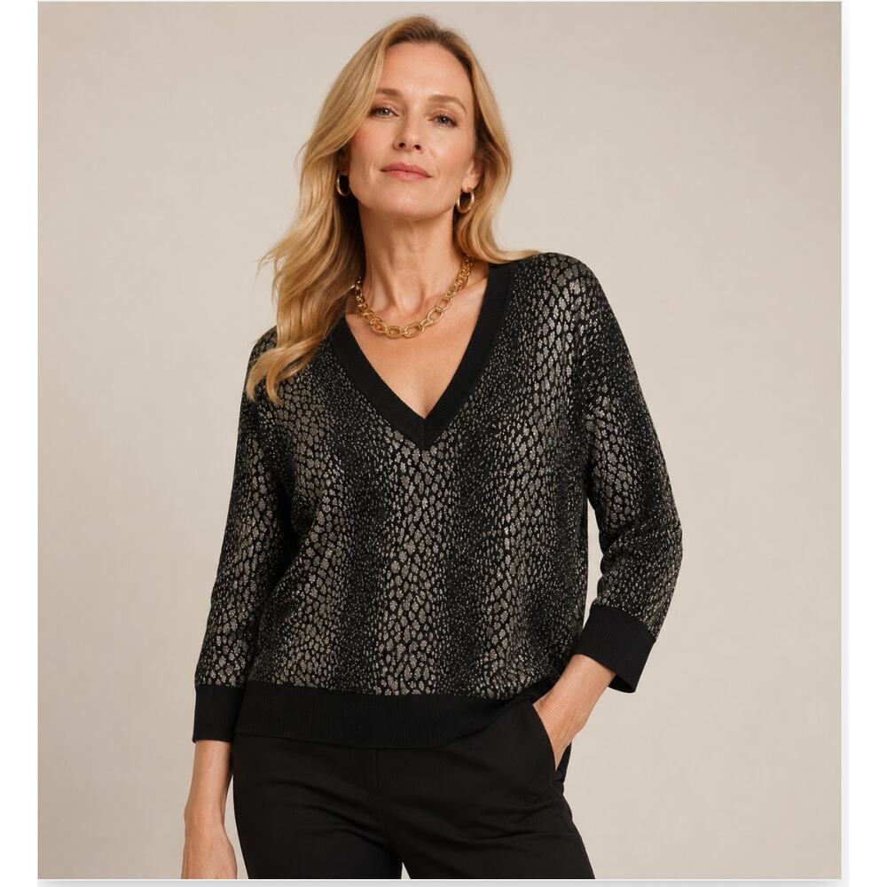 Michael Kors Black Metallic Animal Print V Neck 3/4 Sleeve Sweater M